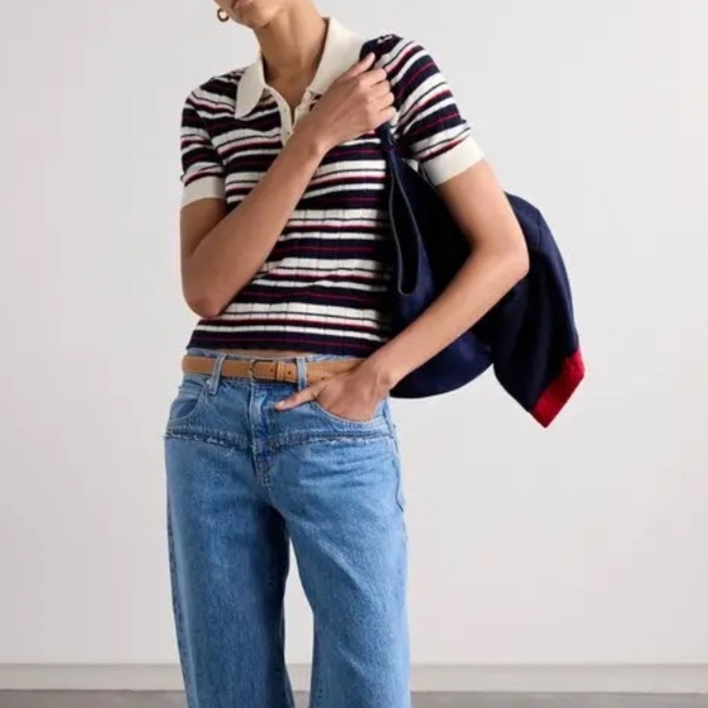 Guest in Residence Ribbed Stripe Cashmere Short Sleeve Polo Sweater Size XS
